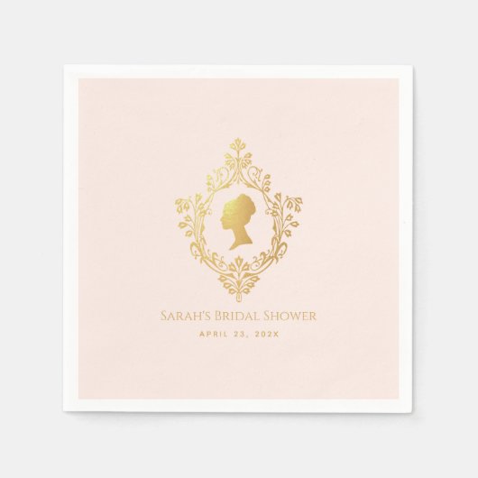 リージェンシー ピンク ヴィンテージ 偽金箔の紋章 ブライダルシャワー スタンダードカクテルナプキン (正面)