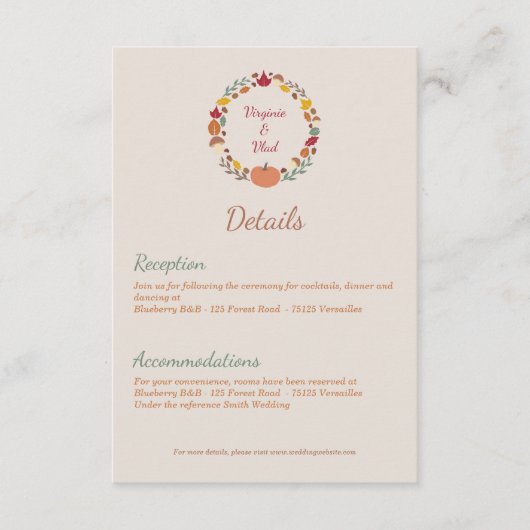 リースおよび秋の結婚式詳細エンクロージャカード エンクロージャーカード (正面)