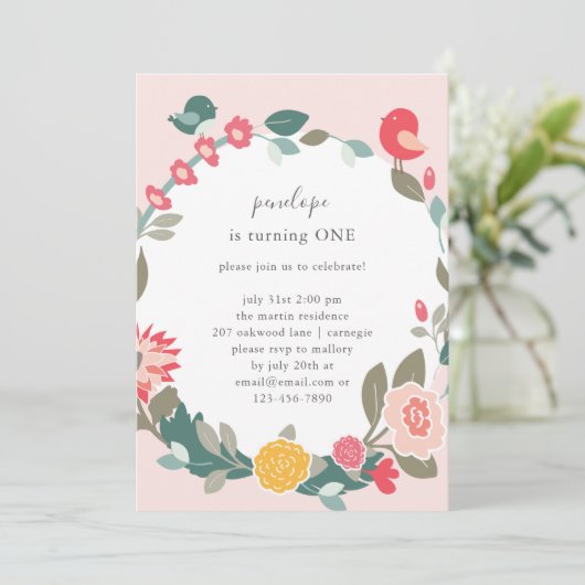 リースかわいらし&かわいい鳥の誕生日パーティー 招待状 (スタンド正面)