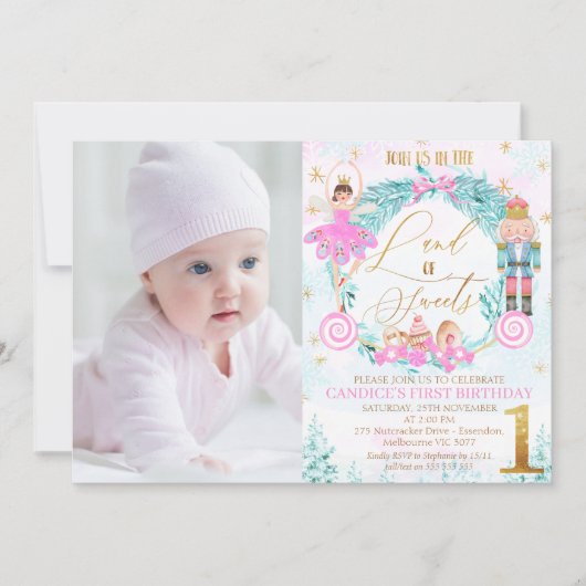 リースくるみ割りランド・オブ・スイーツフォト誕生日 招待状 (正面)