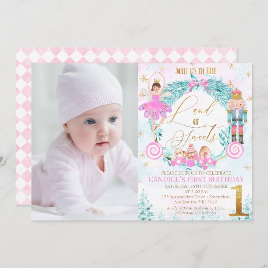 リースくるみ割りランド・オブ・スイーツフォト誕生日 招待状 (正面/裏面)