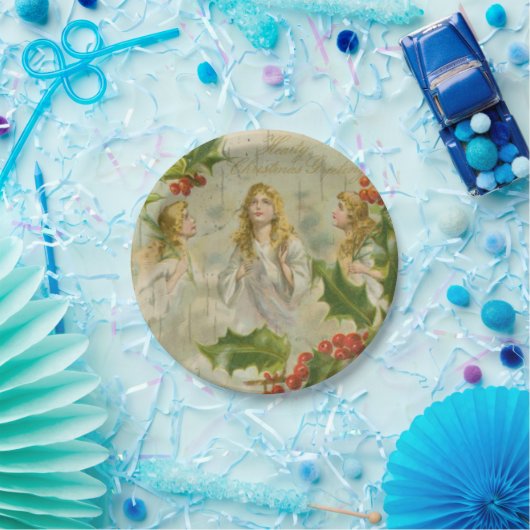 リースとのヴィンテージのクリスマスの天使 ペーパープレート (パーティー)