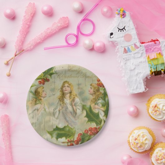 リースとのヴィンテージのクリスマスの天使 ペーパープレート (パーティー)