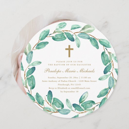 リースとクロスフォトバプテスマ招待状 案内状 (正面/裏面)