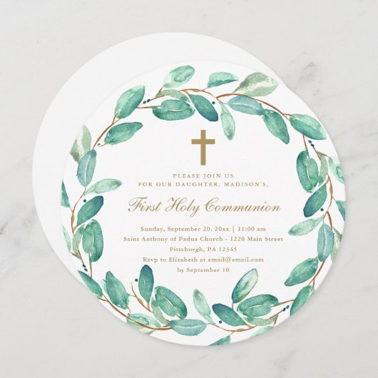 リースとクロス・ファースト聖餐式招待状 案内状 (正面/裏面)