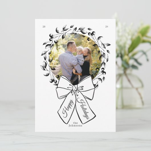 リースとボーサークル写真フレームのクリスマス シーズンカード (スタンド正面)