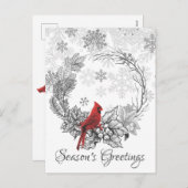 リースとレッドバードシーズンの冬の挨拶 シーズンポストカード (正面/裏面)