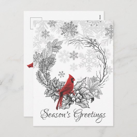 リースとレッドバードシーズンの冬の挨拶 シーズンポストカード (正面/裏面)
