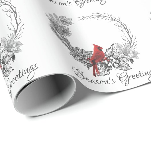リースとレッドバードシーズンズグリーティングホリデー ラッピングペーパー (ロールコーナー)