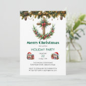 リースとレッドベリーのクリスマスとクロス 招待状 (スタンド正面)