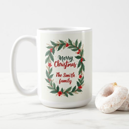 リースと名前でメリークリスマス コーヒーマグカップ (ドーナツ)