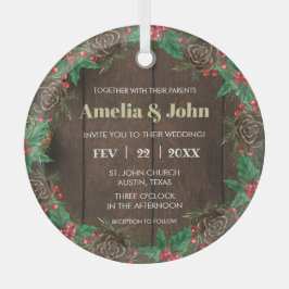 リースと松の結婚式招待状クリスマス ガラスオーナメント