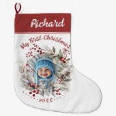 リースと果実ベビーの初めてのクリスマス写真 ラージクリスマスストッキング (正面)