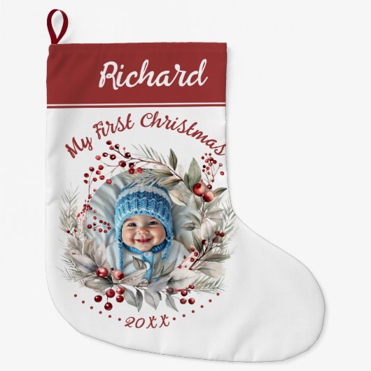リースと果実ベビーの初めてのクリスマス写真 ラージクリスマスストッキング (正面)