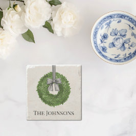 リースと白黒のストライプ弓 ストーンコースター