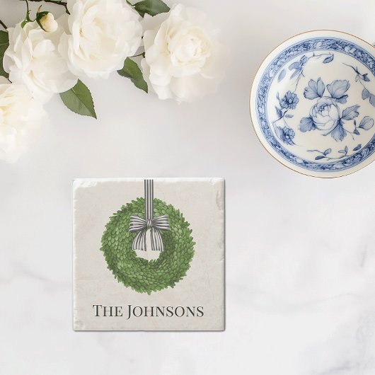 リースと白黒のストライプ弓 ストーンコースター