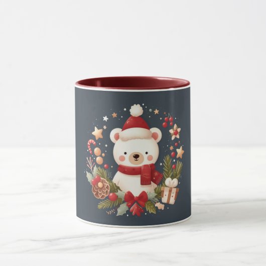 リースに囲まれたかわいいクリスマス/冬のくま マグカップ (中央)