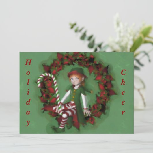 リースのクリスマスの休日の招待状の女の子の小妖精や小人 招待状 (スタンド正面)