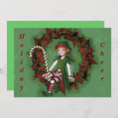 リースのクリスマスの休日の招待状の女の子の小妖精や小人 招待状 (正面/裏面)