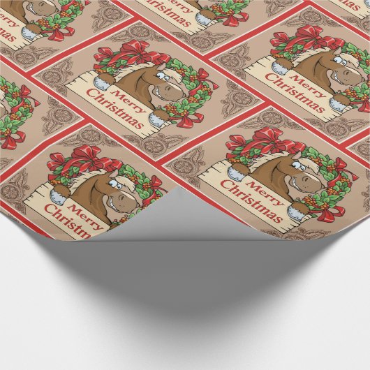 リースのメリークリスマスの印を持つ漫画の馬 ラッピングペーパー (角)