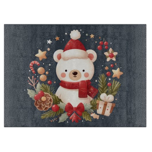 リースの中のかわいいクリスマス/冬のくま カッティングボード (正面)