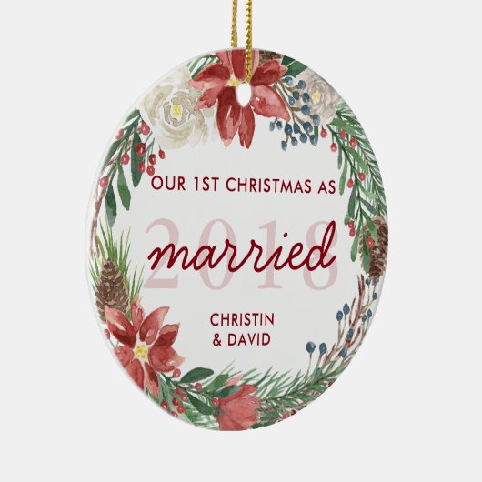 リースの初めてのクリスマスを写真結婚したとして セラミックオーナメント (右)
