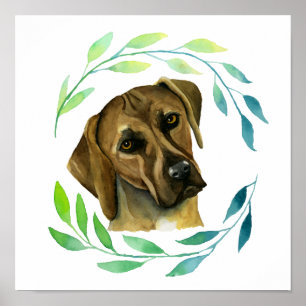 リースの水彩画を持つRhodesian Ridgeback犬 ポスター