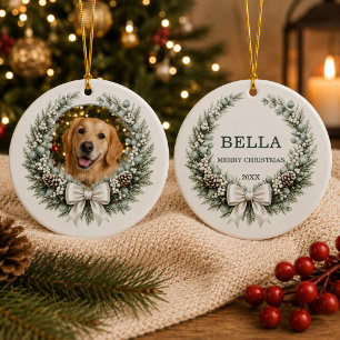 リースの犬ペットクリスマスリボン写真 セラミックオーナメント