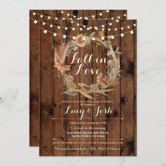 リースの秋の婚約の花の招待は恋に落ちます 招待状 (正面/裏面)