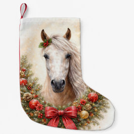 リースの花輪に飾られた可愛い馬のクリスマス スモールクリスマスストッキング