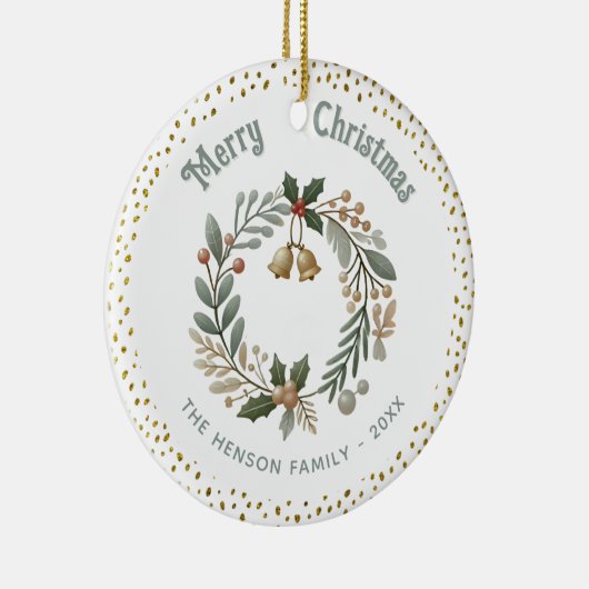 リースの葉金ゴールドグリッタークリスマスファミリーフォト セラミックオーナメント (右)