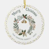 リースの葉金ゴールドグリッタークリスマスファミリーフォト セラミックオーナメント (正面)