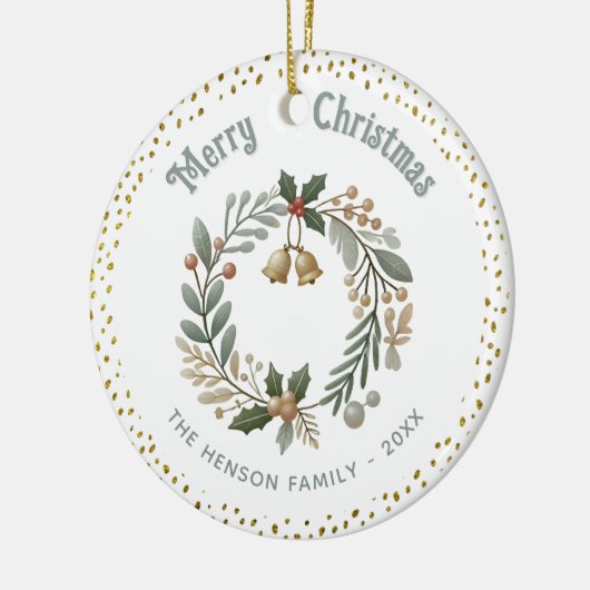 リースの葉金ゴールドグリッタークリスマスファミリーフォト セラミックオーナメント (左)