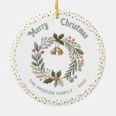 リースの葉金ゴールドグリッタークリスマスファミリーフォト セラミックオーナメント (裏面)