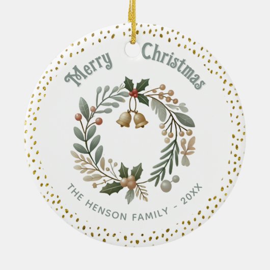 リースの葉金ゴールドグリッタークリスマスファミリーフォト セラミックオーナメント (裏面)