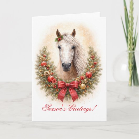 リースを持つ馬のクリスマス シーズン・グリーティング カード (正面)