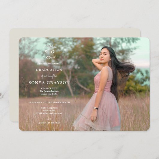 リースイニシャル卒業パーティー招待状 招待状 (正面/裏面)