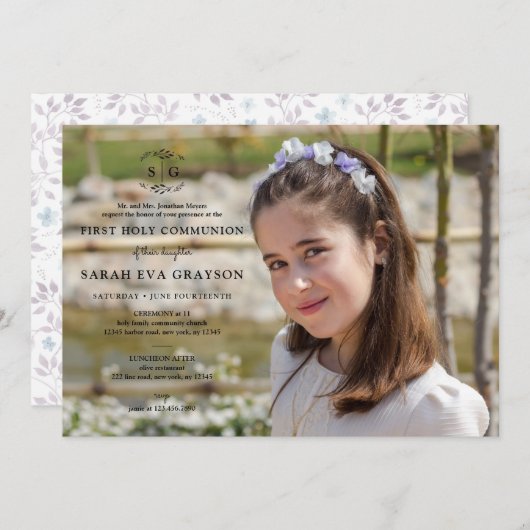 リースイニシャル – ダークファースト聖餐式 招待状 (正面/裏面)