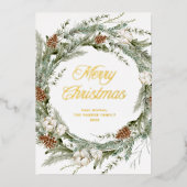 リースエレガントと緑 | Merry Christmas金ゴールド 箔シーズンカード (正面)