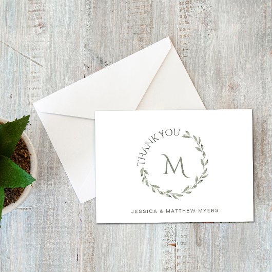 リースエレガントグリーンwモノグラムと名前 サンキューカード