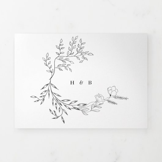 リースエレガントタイポグラフィモノグラム結婚フローラ 三つ折り招待状 (カバー)