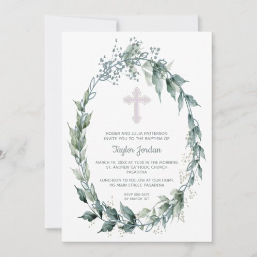 リースエレガントピンククロスバプテスマ 招待状 (正面)