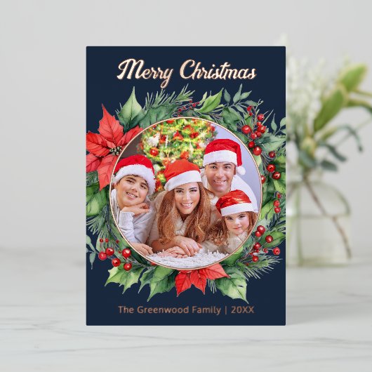 リースエレガントファミリー写真メリークリスマスメリークリスマス 箔シーズンカード (立ち正面)