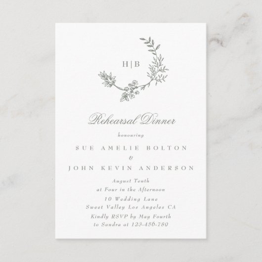 リースエレガントフローラモノグラムセージ結婚グリーン エンクロージャーカード (正面)