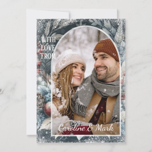 リースカスタムスノーフレーク&シックボタニカルホリデー シーズンカード (正面)