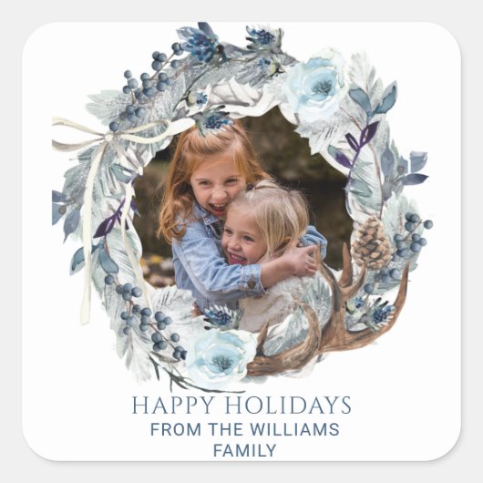 リースカスタムフォトフレーム青と白,休日 スクエアシール (正面)