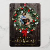 リースカスタム写真メリークリスマスファミリー名 箔シーズンカード (正面)