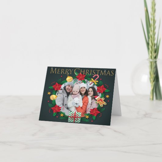 リースカラフルフレームゴールデンメリークリスマスフォト シーズンカード (正面)