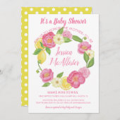 リースガールピンクローゼイエローレモンベビーシャワー 招待状 (正面/裏面)