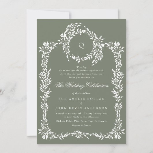リースクラシックモノグラムセージグリーンエレガントウェディング 招待状 (正面)